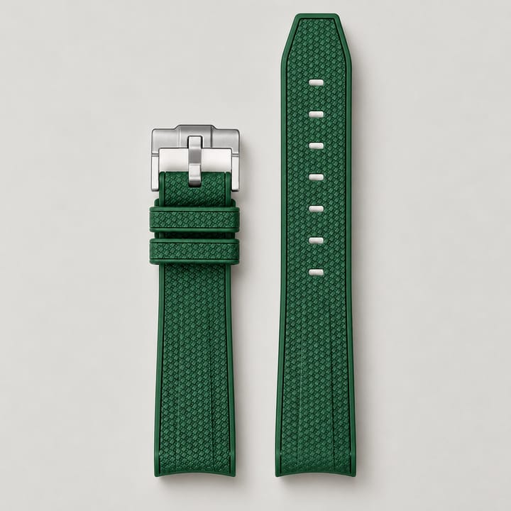 Green Lunar rubber strap with a curved end and a silver pin buckle