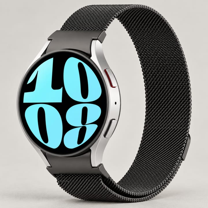 The Halo Milanese loop in Black on a Galaxy Watch with a silver case