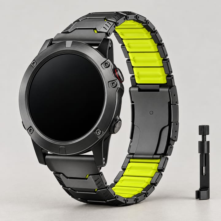 Black titanium link band with a lime center row and a fold clasp