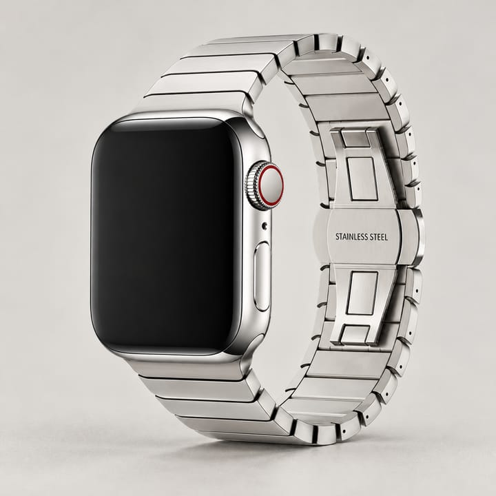 Silver flat link steel band on a silver watch, with the butterfly clasp on the inside