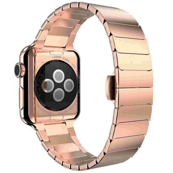 Rose Gold flat link band, seen from the back of the watch