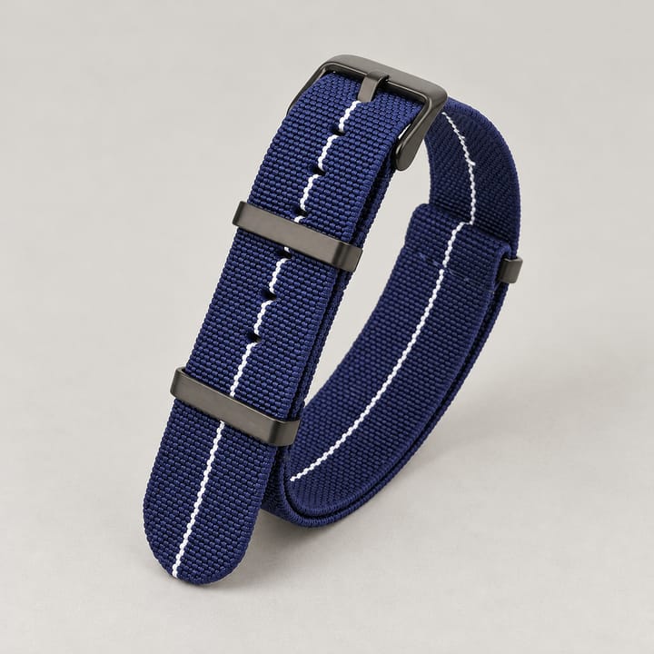 The Parachute Elastic NATO Strap, Navy with white stripe and black hardware