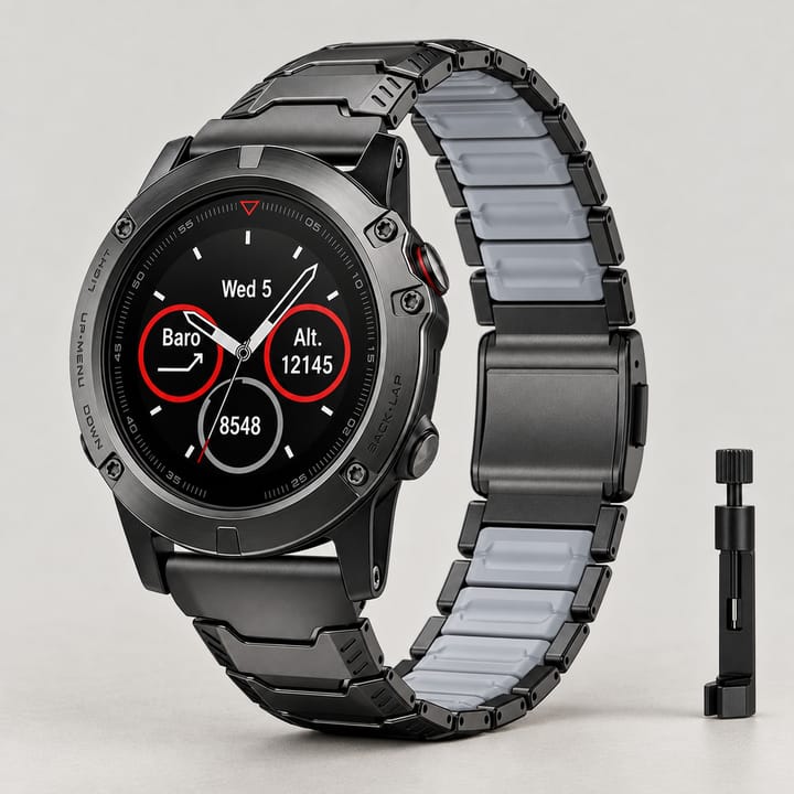 Black titanium link band with a gray center row and a magnetic clasp