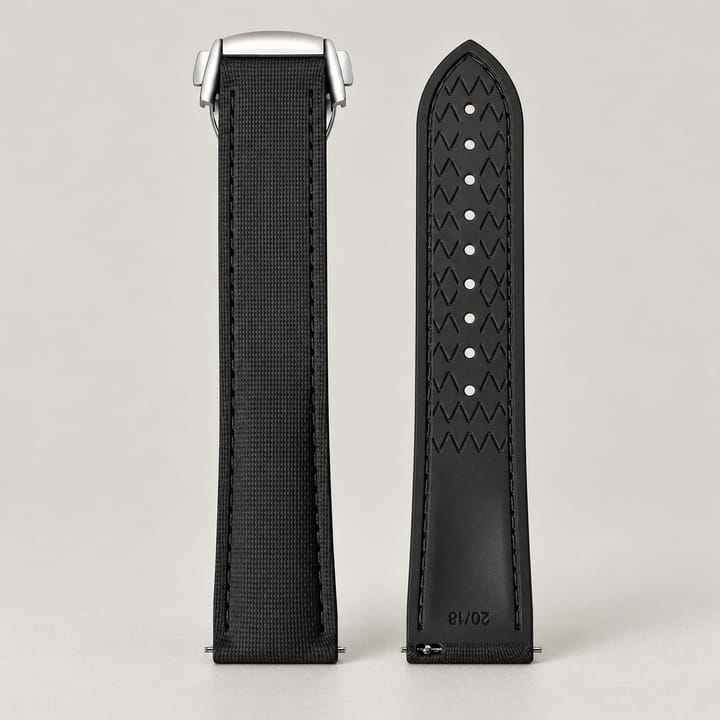All Black Fathom strap with the folding clasp, the long piece turned over to show the zigzag underside