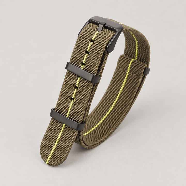 The Parachute Elastic NATO Strap, Green with yellow stripe and black hardware