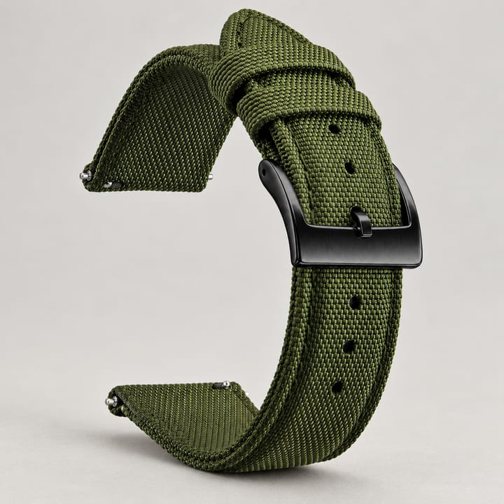 The Halyard woven nylon watch band in olive green with a black buckle and quick-release spring bars