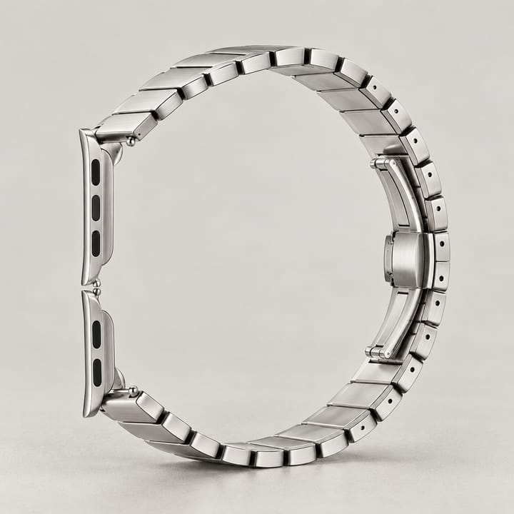 Size chart for wrists 5.5 to 8.2 in (140 to 210 mm), with close-ups of the links, connectors and clasp