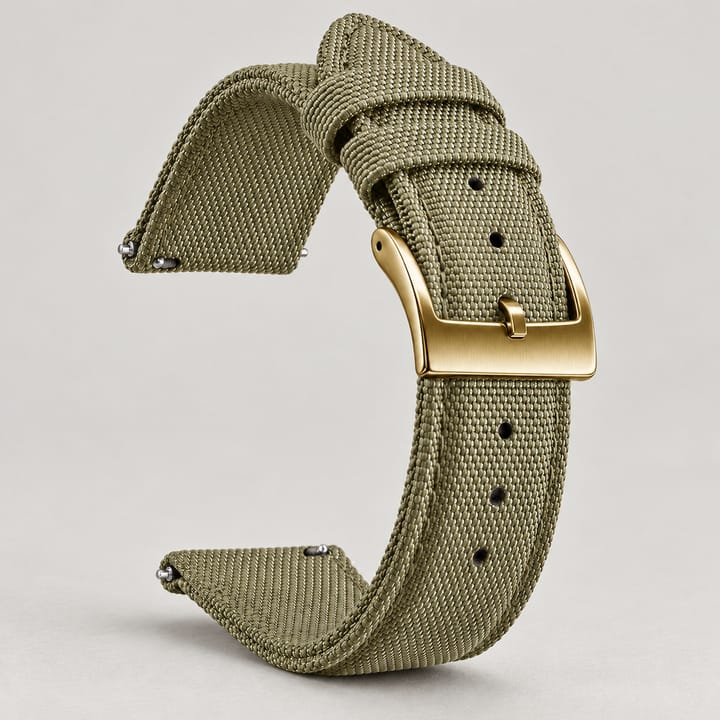 The Halyard woven nylon watch band in khaki with a gold-tone buckle and quick-release spring bars