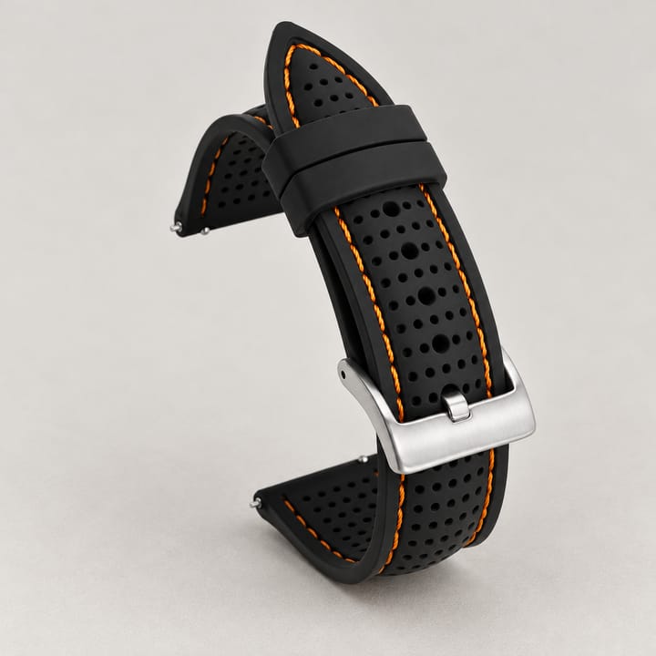 The Current Silicone Rubber Watch Strap, Black with orange stitching