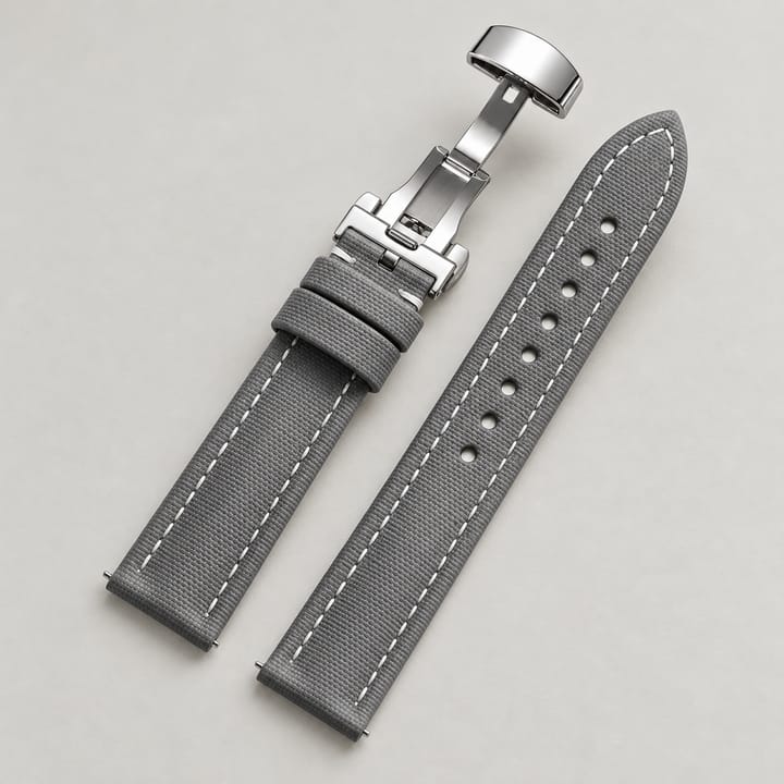 The Mooring in Gray/White: gray sailcloth watch band with white stitching and a silver-tone butterfly clasp