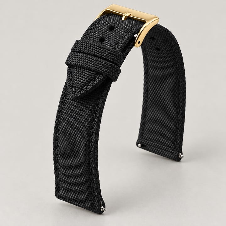 The Jib in Black/Gold: black sailcloth watch band with a gold-tone buckle