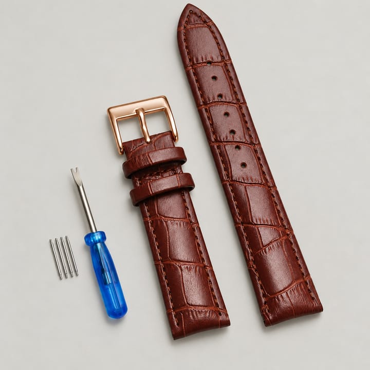 The Ledger Leather Watch Band, Dark brown with rose gold buckle