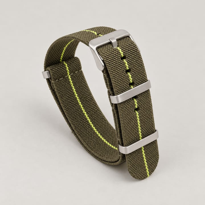 The Parachute Elastic NATO Strap, Green with yellow stripe and steel hardware
