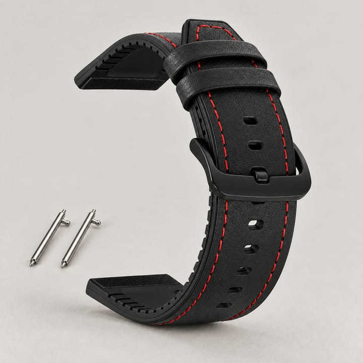 The Bridle in Black/Red, black leather with red stitching on a black rubber backing