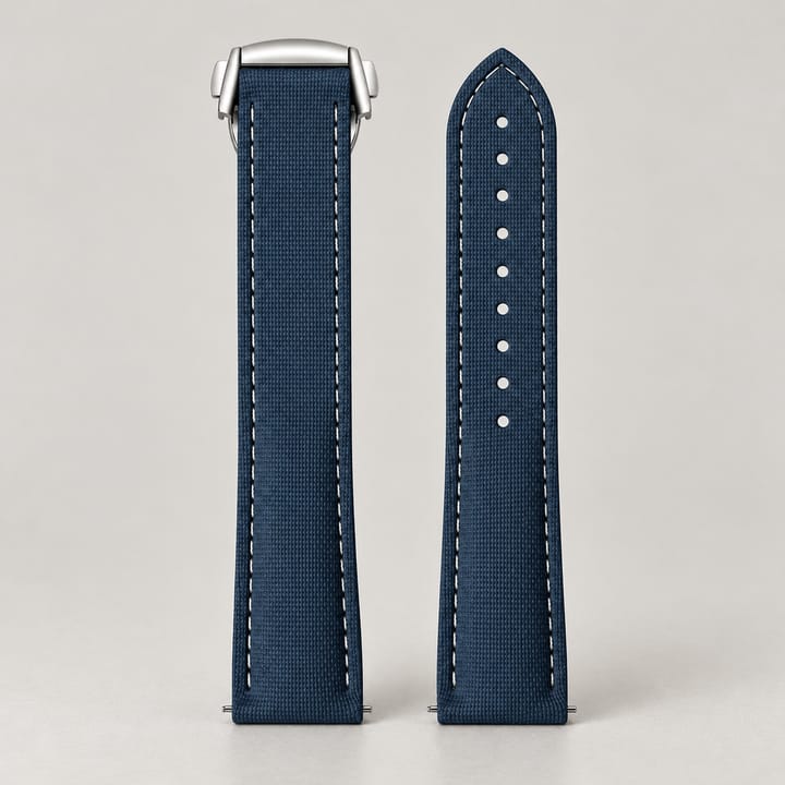 Blue Fathom FKM strap with a white edge line and the silver folding clasp