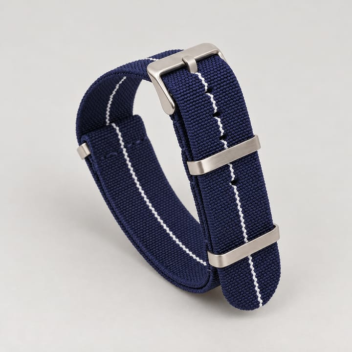 The Parachute Elastic NATO Strap, Navy with white stripe and steel hardware