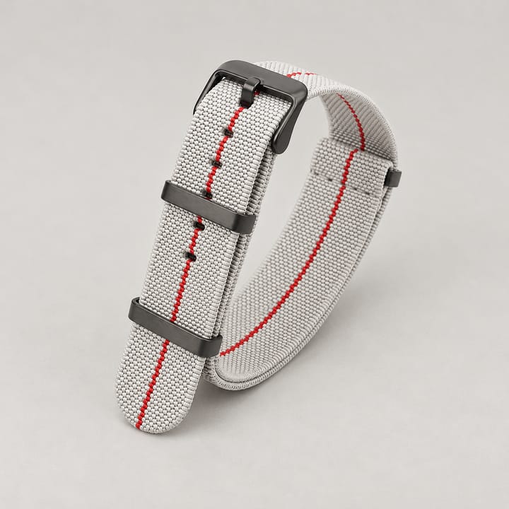 The Parachute Elastic NATO Strap, Gray with red stripe and black hardware