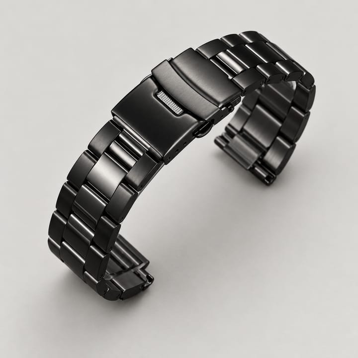 The Reef in black steel with its fold-over clasp closed