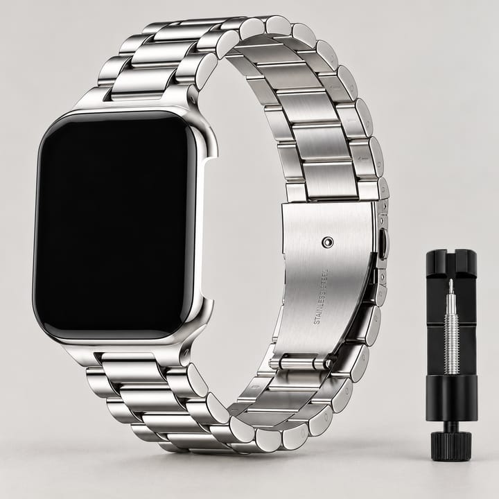 Silver three-link steel band with a fold-over clasp, shown on a watch