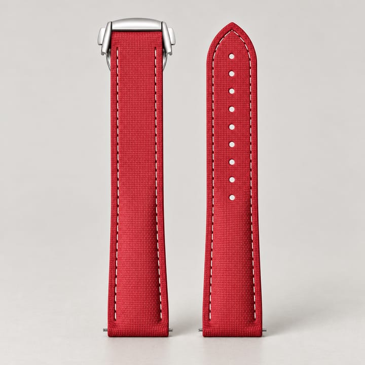 Red Fathom FKM strap with a white edge line and the silver folding clasp