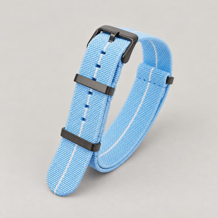 The Parachute Elastic NATO Strap, Sky blue with white stripe and black hardware