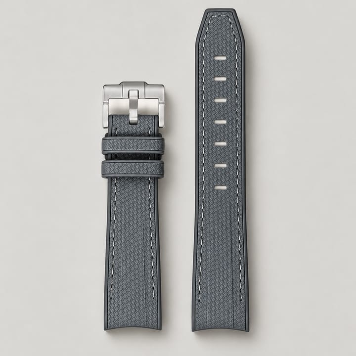 Gray Lunar rubber strap with a light edge line, a curved end and a silver pin buckle