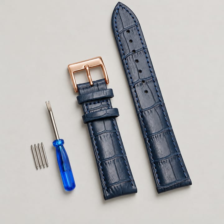 The Ledger Leather Watch Band, Dark blue with rose gold buckle