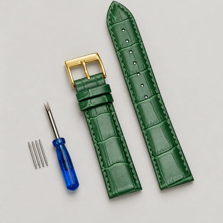 The Ledger Leather Watch Band, Green with gold buckle