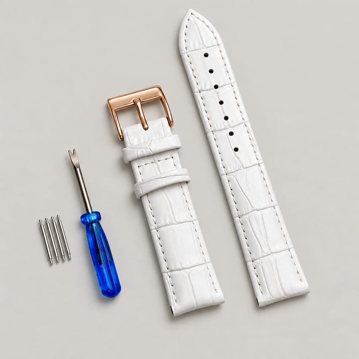 The Ledger Leather Watch Band, White with gold buckle