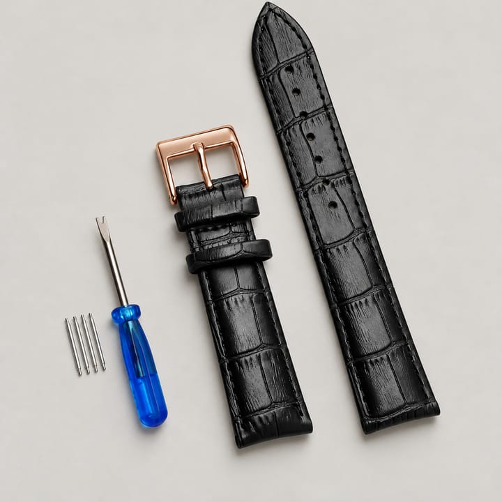 The Ledger Leather Watch Band, Black with rose gold buckle