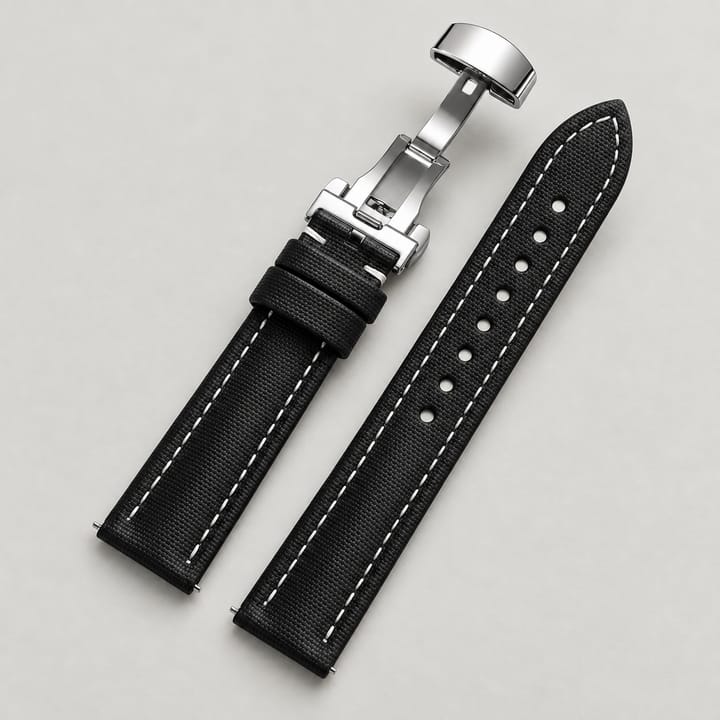 The Mooring in Black/White: black sailcloth watch band with white stitching and a silver-tone butterfly clasp