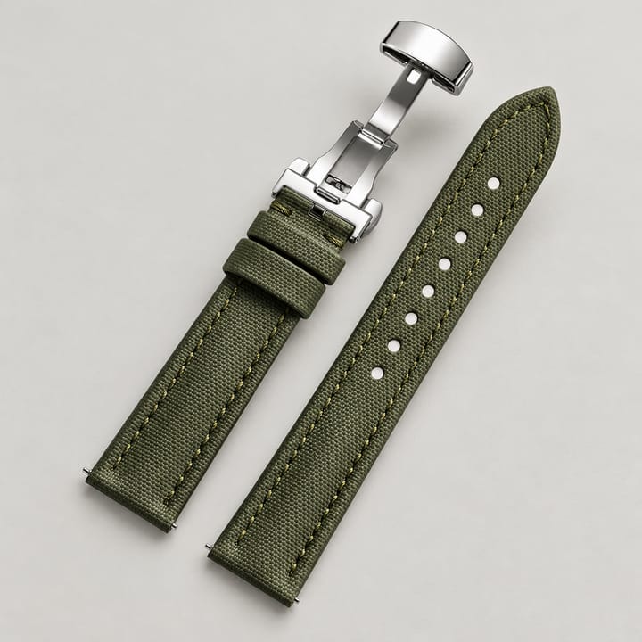 The Mooring in Olive: olive sailcloth watch band with tonal stitching and a silver-tone butterfly clasp
