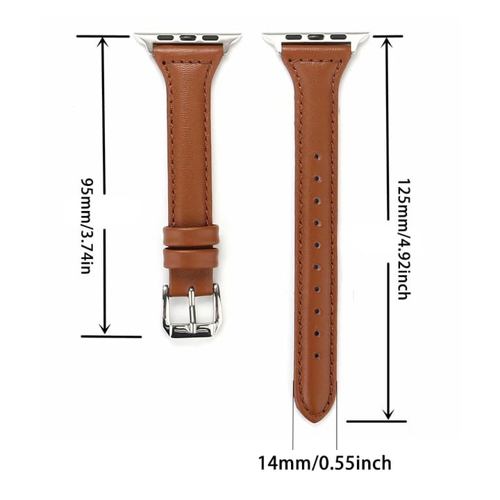 Size chart: buckle half 3.74 in (95 mm), hole half 4.92 in (125 mm), 0.55 in (14 mm) at the narrow end