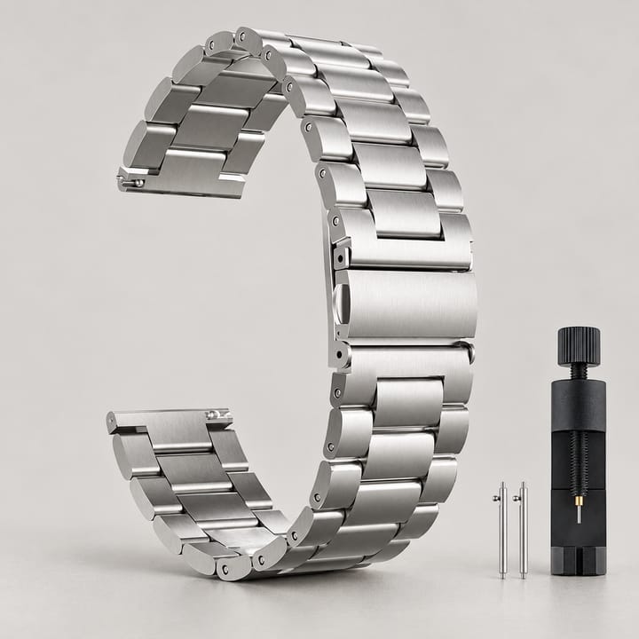 Silver stainless steel three-link band with a folding clasp, shown with the link tool and spare pins