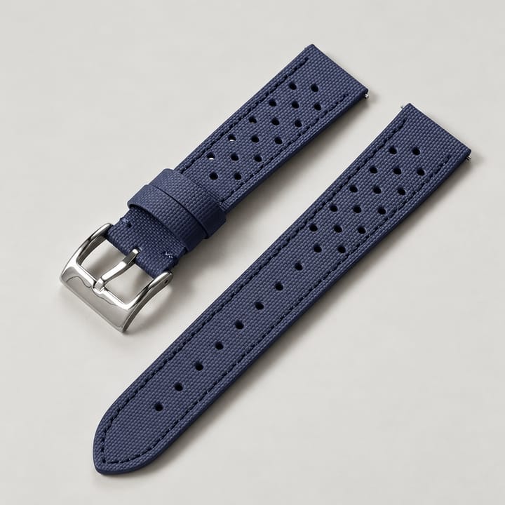 The Rally in Navy: perforated navy sailcloth watch strap with a silver-tone buckle