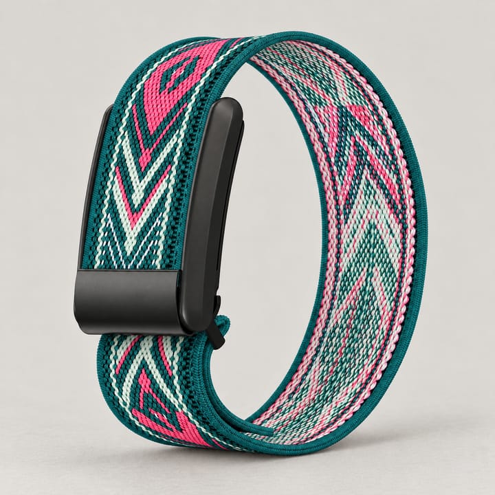 Chevron band in a teal and pink chevron weave, with its metal frame