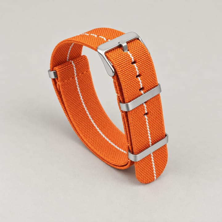 The Parachute Elastic NATO Strap, Orange with white stripe and steel hardware