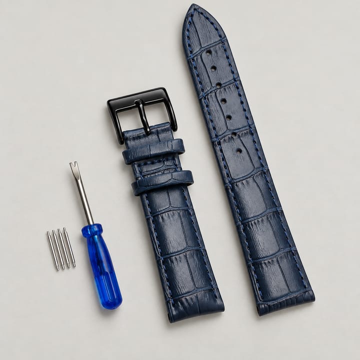 The Ledger Leather Watch Band, Dark blue with silver buckle