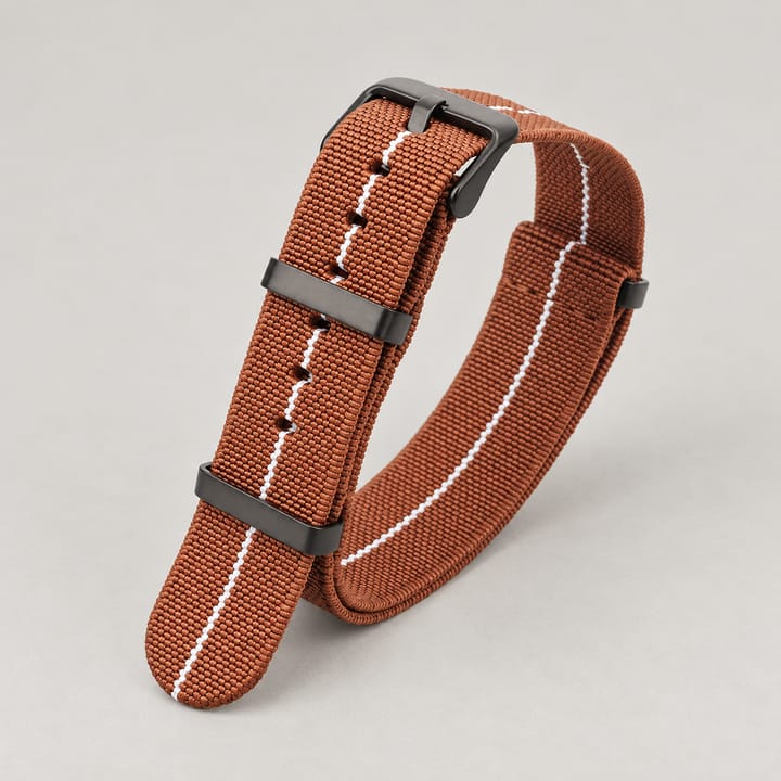 The Parachute Elastic NATO Strap, Brown with white stripe and black hardware