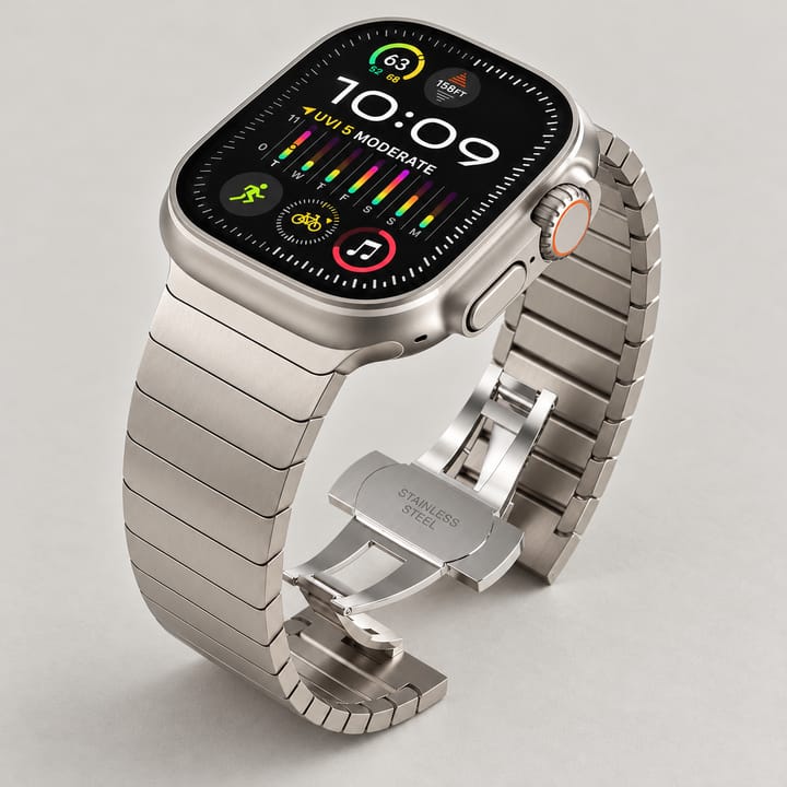 The Summit in Titanium Gray on a 49 mm Ultra case, butterfly clasp open
