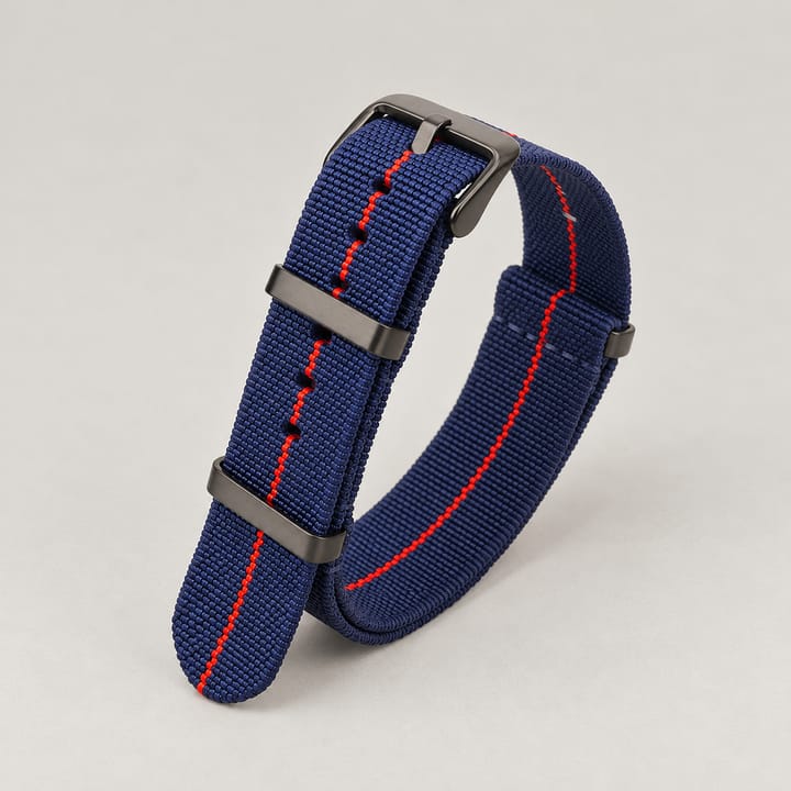 The Parachute Elastic NATO Strap, Navy with red stripe and black hardware