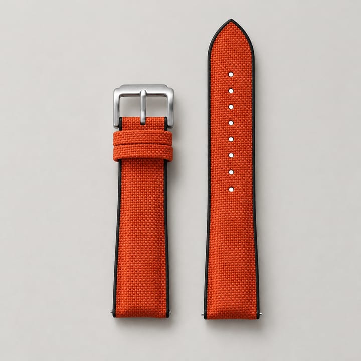 The Spinnaker in Orange: orange sailcloth watch strap on a black rubber base with a silver-tone pin buckle