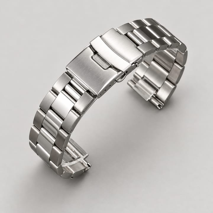 The Reef in silver steel with brushed outer links, polished center links and a fold-over clasp