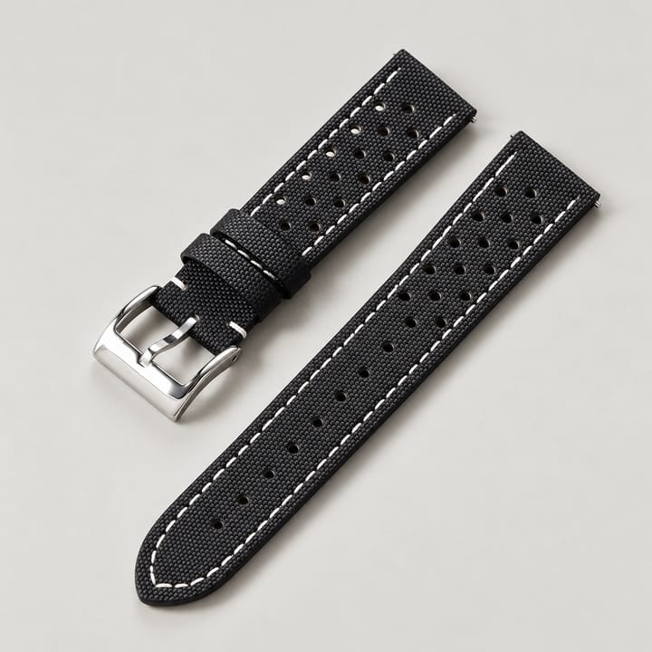 The Rally in Black/White: black perforated watch strap with white stitching