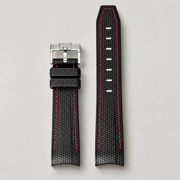 The Lunar in Black/Pink: black rubber with a pink edge line, curved end and silver pin buckle