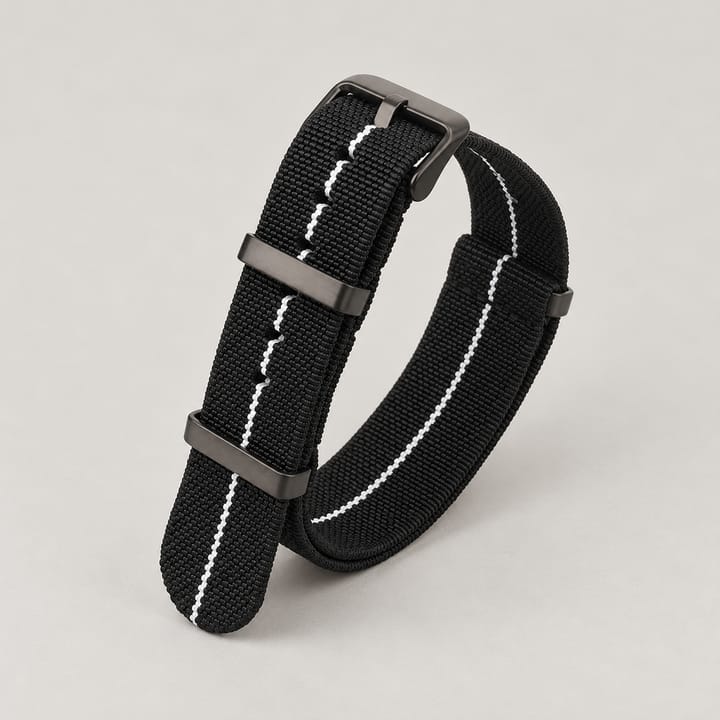 The Parachute Elastic NATO Strap, Black with white stripe and black hardware