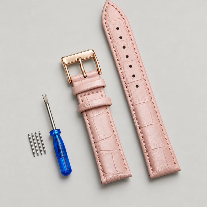 The Ledger Leather Watch Band, Pink with gold buckle
