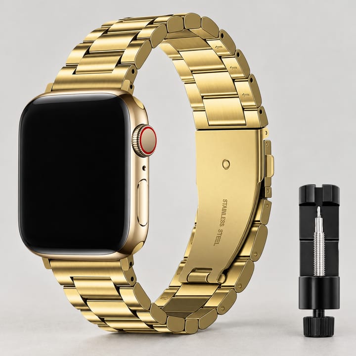 Gold three-link steel band on a gold watch, with the link pin tool