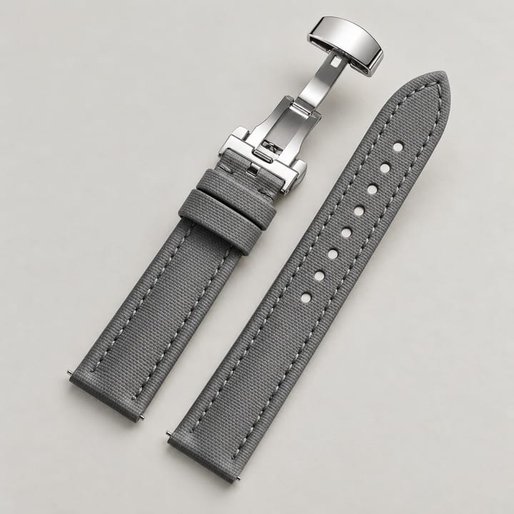 The Mooring in Gray: gray sailcloth watch band with tonal stitching and a silver-tone butterfly clasp