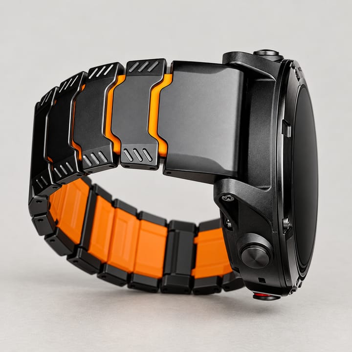 Side view of the black and orange titanium band on a wrist